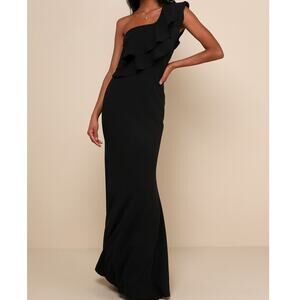 Lulus NWT Grand Beauty Black Ruffled One-Shoulder Mermaid Maxi Dress Medium